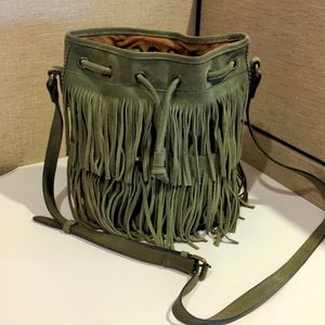 "PATRICIA NASH" MILITARY GREEN BOHO SUEDE FRINGE BUCKET CROSSBODY BAG PURSE